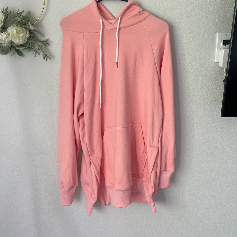 Pink Hooded Jacket with Drawstrings and Tunic Length